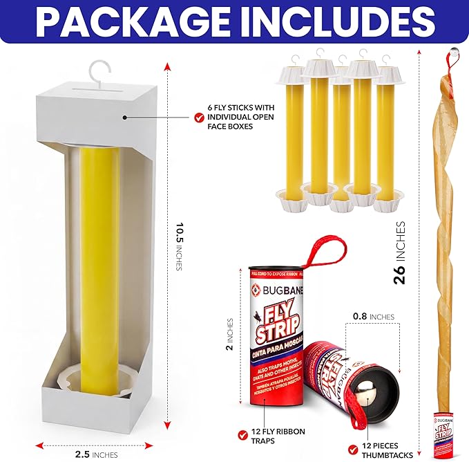 Fly Stick Sticky Fly Traps for Indoors Outdoor 4pk with 12 Ribbons. Non-Toxic Super Sticky Hanging Flies Catcher Paper Tape Strips for Home
