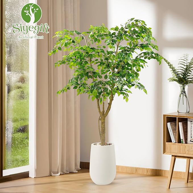6.5FT Artificial Ficus Tree with White Planter and Pebbles,Faux Silk Tree with Lifelike Leaves and Realistic Trunk,Tall Fake Potted Plant for Home and Office Décor Indoor and Outdoor (6.5FT)