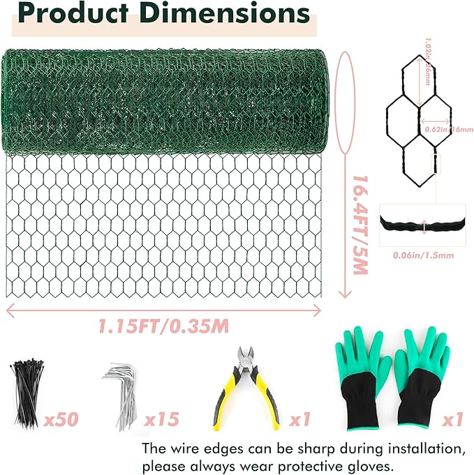 Plant Fence Protectors from Animals, 16.4 x 1.15ft Plant Cages for Outdoor Plants, Black Wire Plant Protector with Ground Stakes, Nylon Ties, Needle-Nose Pliers and Gloves to Keep Animals Out (Green)