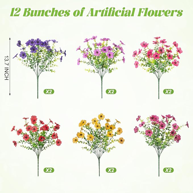 Ammyoo Artificial Flowers for Outdoors Spring Decoration, 12 Bundles Fake Flower Daisy with Realistic Eucalyptus Leaves, Faux Plants for Greenery Boxwood Porch Patio Garden Pot Lawn