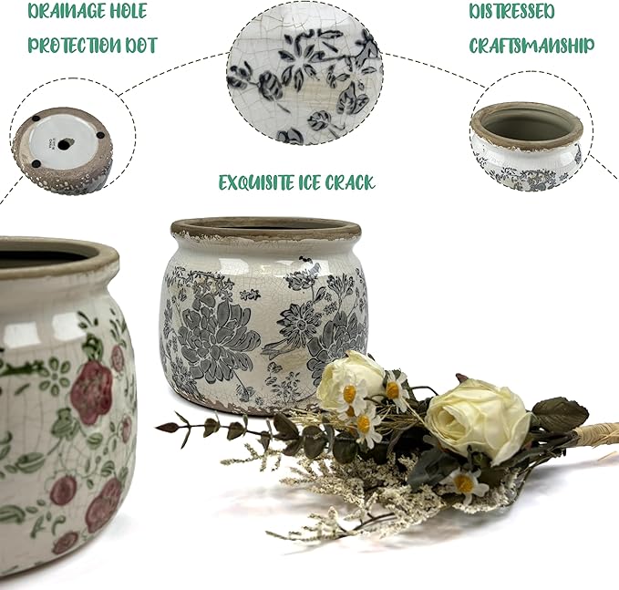 Dosayes Flower Pot,Vintage Gray Ceramic Pot for Planter with Drainage Holes, 6.29 inch Ice Crack Glazed Small Rustic Planters Pot for Indoor,Tucan Home Decor,Gardening Gifts
