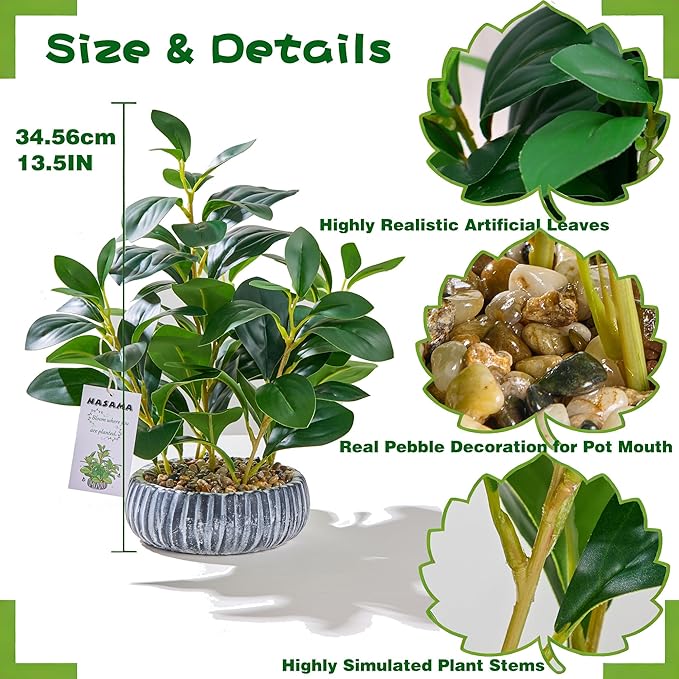 NASAMA Realistic Artificial Potted Plant, Faux Indoor Greenery for Home Office Living Room Bookshelf Bathroom Decor, Low--Maintenance Space-Saving Fake Plants with Modern Decorative Vase