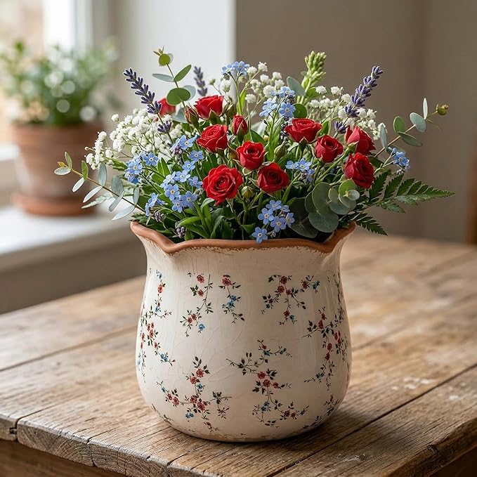 Vintage Ceramic Planter Pot with Drainage Holes, Green Floral Design, 6.11 Inch, Distressed Tuscan Style, Indoor Plant Pot and Vase (Small Red Blooms)