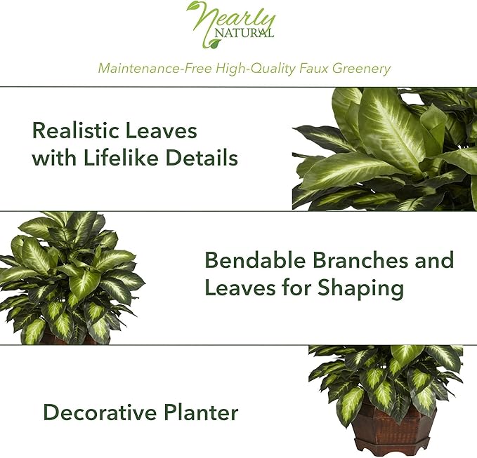 Nearly Natural 24in Dieffenbachia Artificial Plant, Faux Greenery with Decorative Planter for Indoor Home Office Decor, Low Maintenance