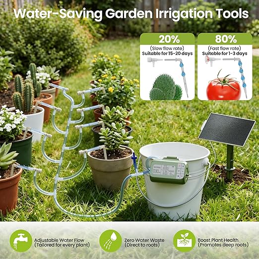 33FT 1/4'' Tube Drip Irrigation Kits Solar, Plant Watering Automatic Garden Irrigation Kits for 15 Potted Plants, Plant Misters for Inside, Irrigation System with Programmable Water Timer