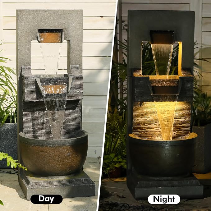 Bumilgar 39" H Modern Indoor Fountain with LED Lights and Pump, 3-Tier Standing Cascading Waterfall - Modern Design for Garden/Patio/Yard, Multi-Level Outdoor Decor 15“x14”x39“(Brown)