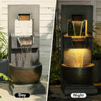 Bumilgar 39" H Modern Indoor Fountain with LED Lights and Pump, 3-Tier Standing Cascading Waterfall - Modern Design for Garden/Patio/Yard, Multi-Level Outdoor Decor 15“x14”x39“(Brown)