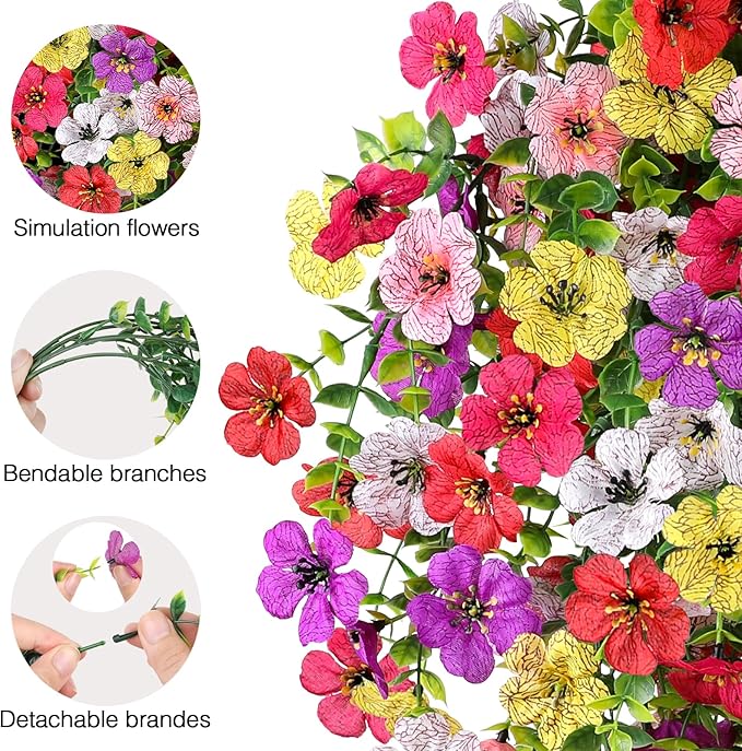 Artificial Flowers for Outdoors Spring Decor, 6 Bundles UV Resistant Realistic Fuax Silk Hanging Flowers, Fake Plants for Planter Indoor Outside Garden Porch Patio Balcony Yard(Mix