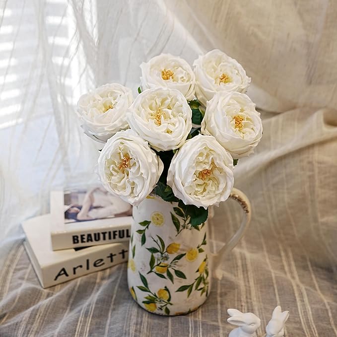 Jahe 6Pcs Fake Austin Flowers David Austin Roses, 17'' Faux Peonies for Flower Arrangements, Home Decor Peony Artificial Flowers, Living Room Decoration Vivid Roses Peonies, White