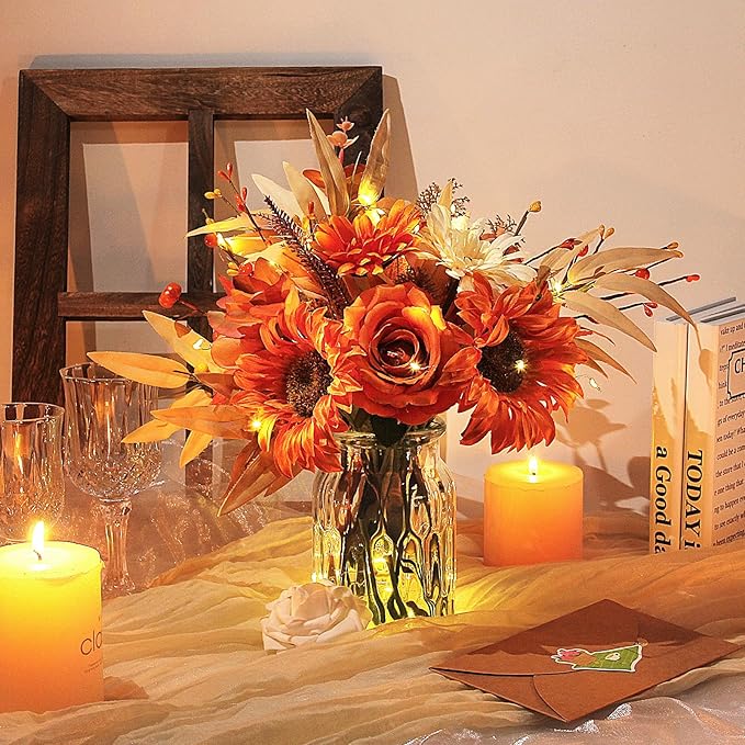 Faux Flowers with Vase, Artificial Silk Roses in Vase, Fake Plant Eucalyptus Flower Arrangement for Fall Decorations Indoor Home Office Farmhouse Table Centerpiece Coffee Table Decor (Orange)