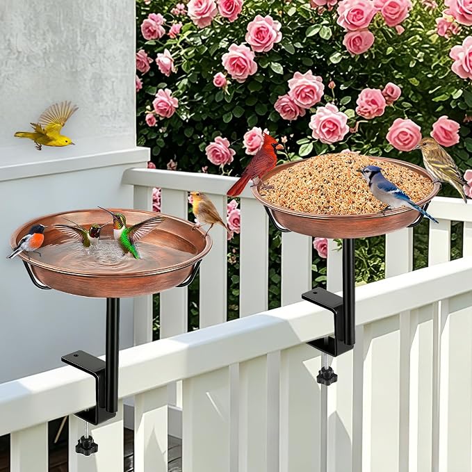 Gtongoko Deck Mounted Metal Bird Bath for Outside, 12 Inch Dia Weather-Resistant Birdbath Bowl for Balcony Fence Railing with Adjustable Clamp Outdoors