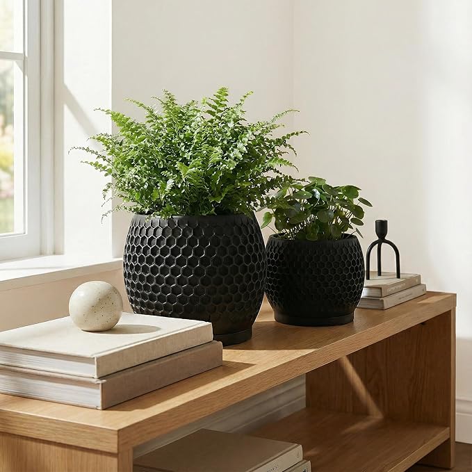 Plant Pots, Modern 3D Printed Honeycomb Planters for Indoor Plants, 4.7/6 Inch Matte Black Decorative Flower Pot for Office Desktop, Bookshelf & Home Decor, Lightweight & Durable.