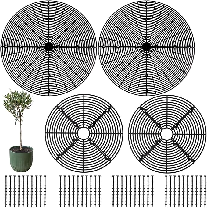 4 Pcs Flower Pot Cover, 11.8 in & 20.8 in Plant Pot Grid with Stakes, Cuttable Abs Plant Protectors, Pet Digging Deterrent for Indoor & Outdoor Plants