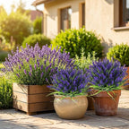 CEWOR 24 Bundles Artificial Plants Outdoor Fake Monkey Grass with Lavender Flowers Grass UV Resistant Faux Plants for Garden Porch Window Patio Planter Pathway