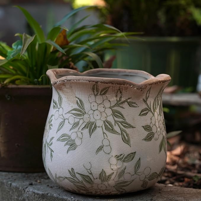 Dosayes Rustic Ceramic Planter, 6 Inch Tuscan Vintage Flower Pot with Drainage, Farmhouse Garden Pot for Indoor Plants, Kitchen & Garden Tuscan Decor, Plant Lover Gift (Light Green)