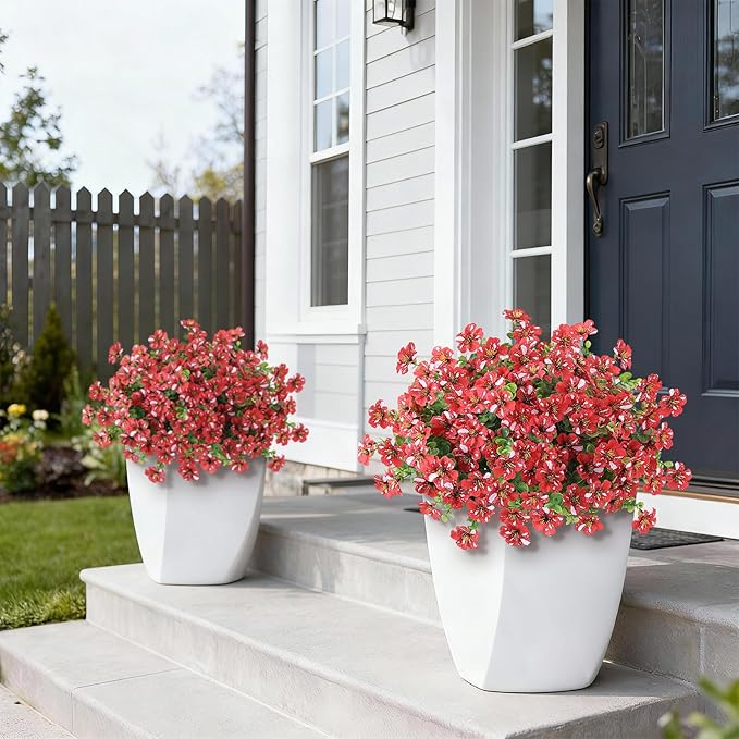 Artificial Morning Glory & Eucalyptus Topiary Trees - Set of 2 Faux Silk Flower Potted Plants, UV-Resistant Fake Outdoor Morning Glory Bushes for Front Door, Yard, Farmhouse, Garden Decor (Red)