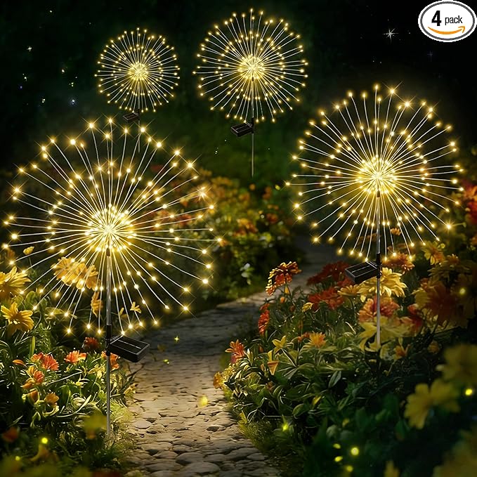 Solar Garden Lights Outdoor Decor Waterproof, 4Pack 120LED Firework Lights for Garden Decorative, Fairy Lights Solar Powered for Yard, Patio,Pathway,Flowerbed,Planter,Party(Warm White)