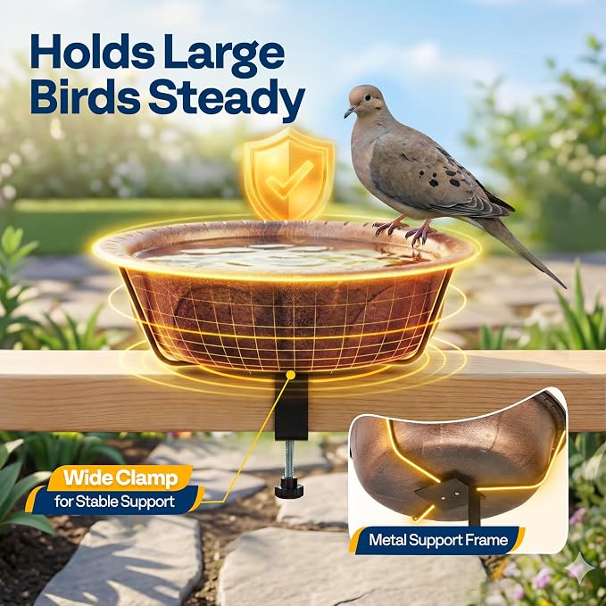 VIVOHOME Deck Mounted Bird Bath for Outside, Weather-Resistant ABS Bird Bath and Feeder with Adjustable Metal Clamp for Railing, Fence, Balcony, 1.45 Gallons, Bronze