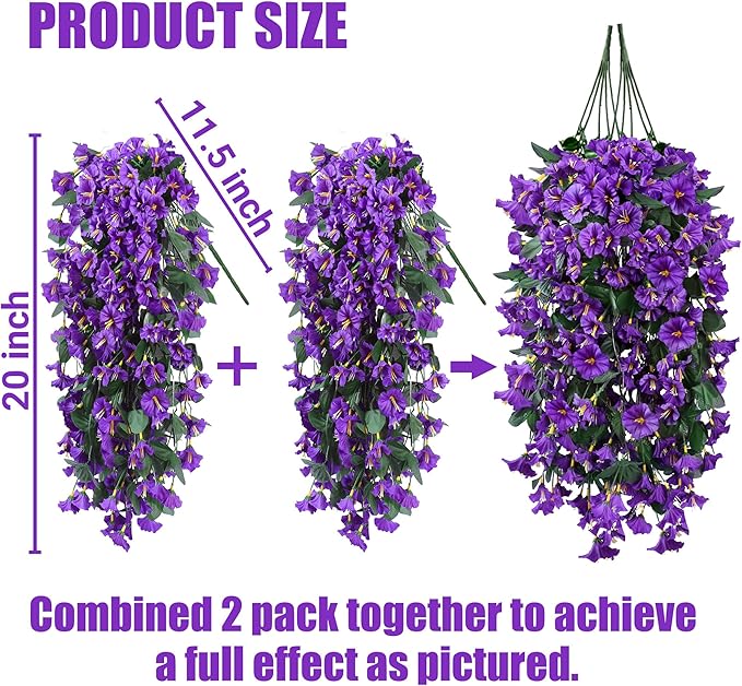 Sggvecsy Artificial Fake Hanging Flowers Plants for Outdoor Outside Spring Summer Decoration 2PCS Faux Silk UV Resistant Realistic Morning Glory Trailing Vines for Home Porch Patio Balcony(Purple)