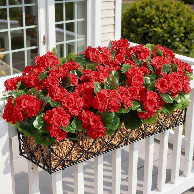 Alupssuc 8Pcs Artificial Geranium Flowers for Outdoors Decoration Silk Floral, UV Resistant Fake Plants, Faux Flower for Porch Garden Table Centerpieces Home Indoor Outside Spring Decor(8, Red)