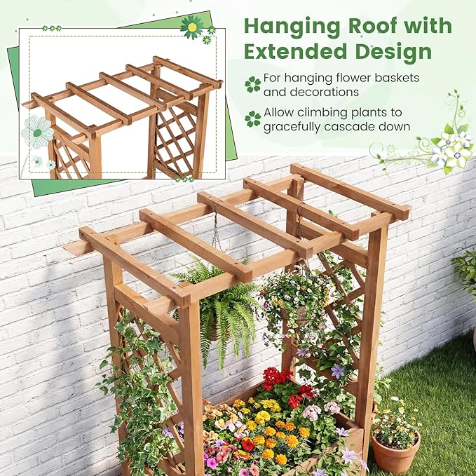 Giantex Raised Garden Bed with Sided Trellis & Roof Set 2, 31”x16”x41” Wood Elevated Planter Box, Freestanding Garden Planter Raised Bed for Flowers Herbs Climbing Vines,Brown