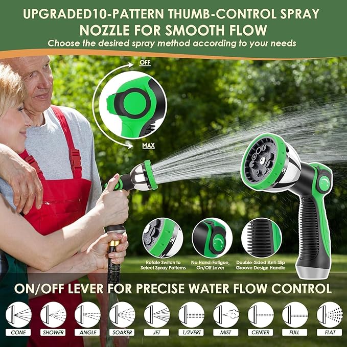 Non-Expandable Garden Hose 100 ft, Ultra Lightweight Flexible Water Hose with 10-Pattern Nozzle, Leak-Proof, High-Density Fabric, Thickened Connector, Shut-Off Valve for Yard, Lawn, Outdoor