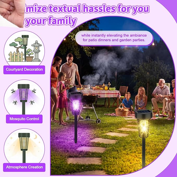 Qualirey 4 Pack Solar Bug Zapper Outdoor Waterproof Mosquito Repellent Killer Bug Zapper Lamp with LED Light for Outdoor Garden Patio Yard (Purple and Warm Light,Black)