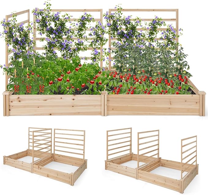 S AFSTAR Raised Garden Bed with 3 Trellis & 2 Planter Boxes, Outdoor Wooden 88" L x 45" W x 43" H Planter Box Kit for Flower Herb Vegetable Fruit Climbing Vines, Gardening Planter for Garden Patio