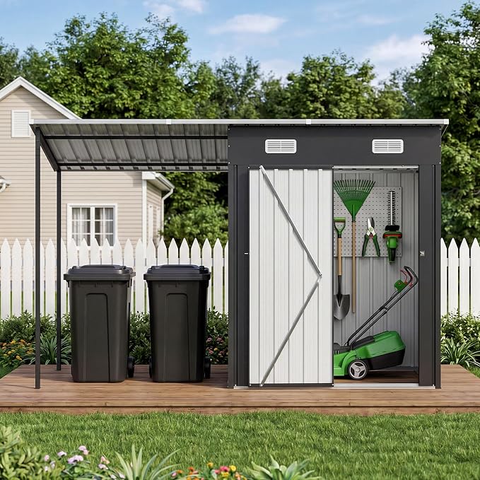Aoxun 5x3FT Outdoor Storage Shed & Hardtop Canopy Gazebo Combo | 10x3FT Metal Lean to Shed, 2-in-1 Garden Bike Shed for Patio, Backyard, Deck, Black