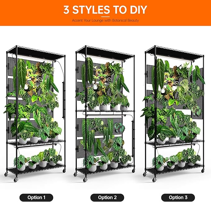Bstrip Plant Cabinet with Pegboard, 3 Tier Plant Shelf with Grow Light, Metal Plant Stand with 4 Pack 96W Grow Lights for Indoor Plant, Foliage Plants, Seed Starting, 35.4"x13.8"x71"