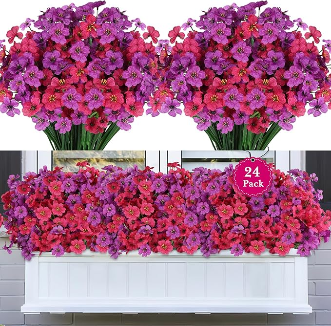 24 Bundles Artificial Flowers for Outdoors, Realistic Fake Silk Flowers for Outside Decoration, No Fade Faux Plants Outdoor Planter Window Box Porch Patio Decor(Purple+Rosy red)