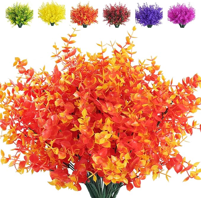 RECUTMS Artificial Outdoor Mums Artificial Eucalyptus Stems Faux Outdoor Boxwoods Faux Flowers for Outside Planters Outdoor Fake Potted Plants Faux Ferns for Spring Planter Large(Gold Eucalyptus)