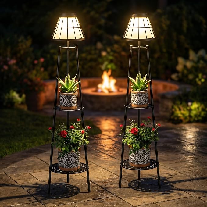 2 Pack Solar Lights with Plant Stands, 45.4'' Waterproof Outdoor Metal Solar Floor Lamps for Patio Deck Yard Pathway Porch Garden