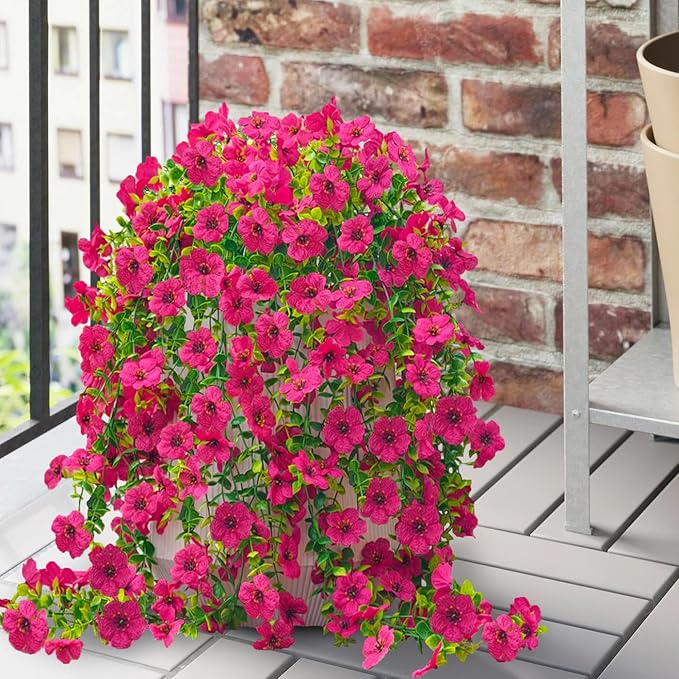 8 Pcs Fake Outdoor Artificial Flowers For Outdoors Uv Resistant, Plastic Flowers For Outdoors, Fake Hanging Plants Faux Flowers For Outdoor Planters, Silk Spring Flowers For Outside Porch（Rose Red）