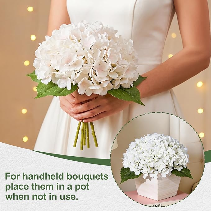 Artificial Hydrangea Flowers Arrangement in Wood Planter, 4PCS Fake White Flowers in Wooden Vase Potted Floral Centerpieces for Tables Living Room Home Office Room Shelf Kitchen Decor