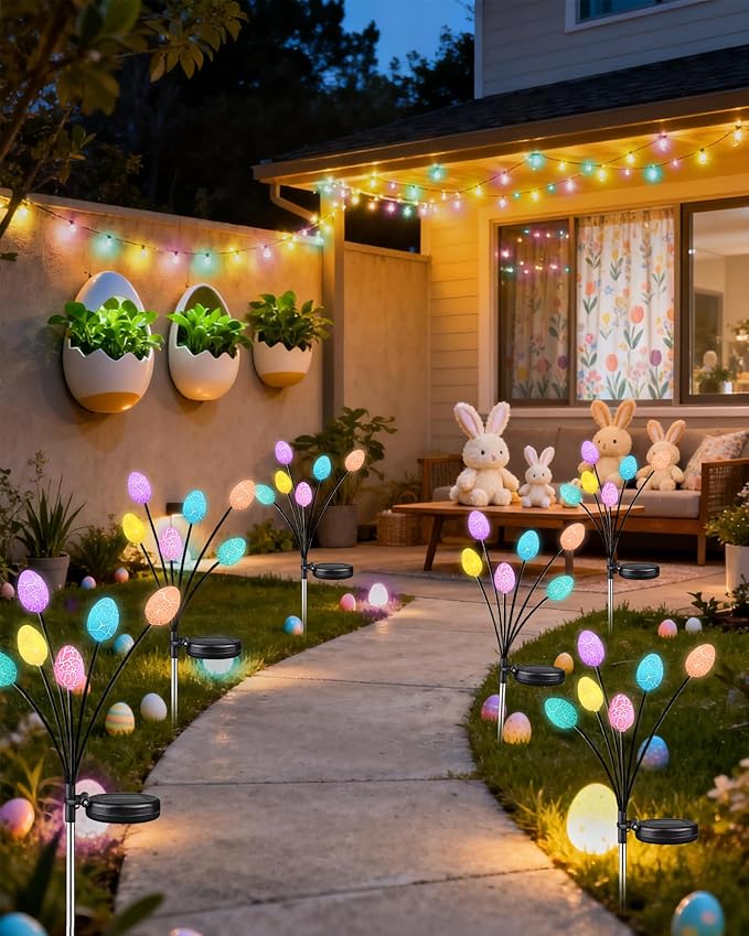 4 Pack Solar Easter Eggs Pathway Lights outdoor, 24 LED Pastel Solar Garden Lights Swaying Firefly Light with 2 Lighting Modes, Waterproof Easter Decorations for Spring Patio Yard Landscape Decor