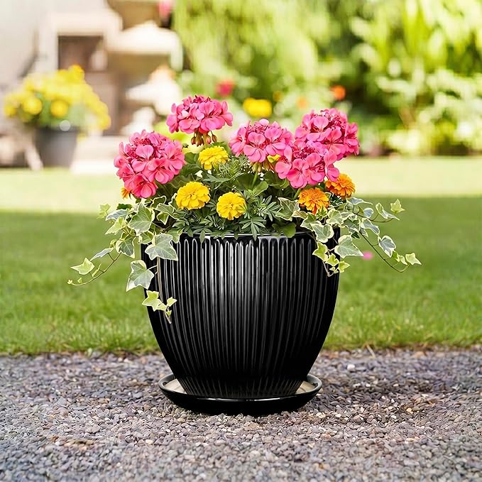 10 Inch Planter, Ceramic Plant Pots with Drainage Hole and Saucer, Large Decorative Planters for Indoor Plants, Modern Plant Pot, Round Flower Pot, House Bedroom Decor, Black