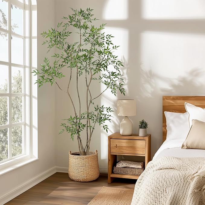 GarveeHome Artificial Plants Indoor,7 ft Tall Faux Floor Plant in Pot, Nandina Artificial Tree with White Planter for Home Decor Office Living Room