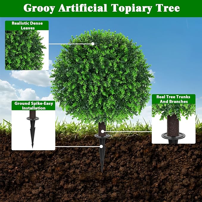 Grooy Artificial Topiary Tree with Eucalyptus, Set of 2 Artificial Shrub Bushes with Ground Spike, Fake Evergreen Tree for Porch, Artificial Plants for Outdoor Planters Indoor UV Resistant