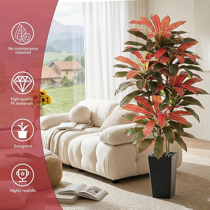 Artificial Red Dracaena Tree - 5FT Tall Fake Plants with Black Square Planter - Artificial Plants Indoor Floor Plant in Pot - Large Tropical Fake Yucca Potted Tree for Home Office Living Room Decor
