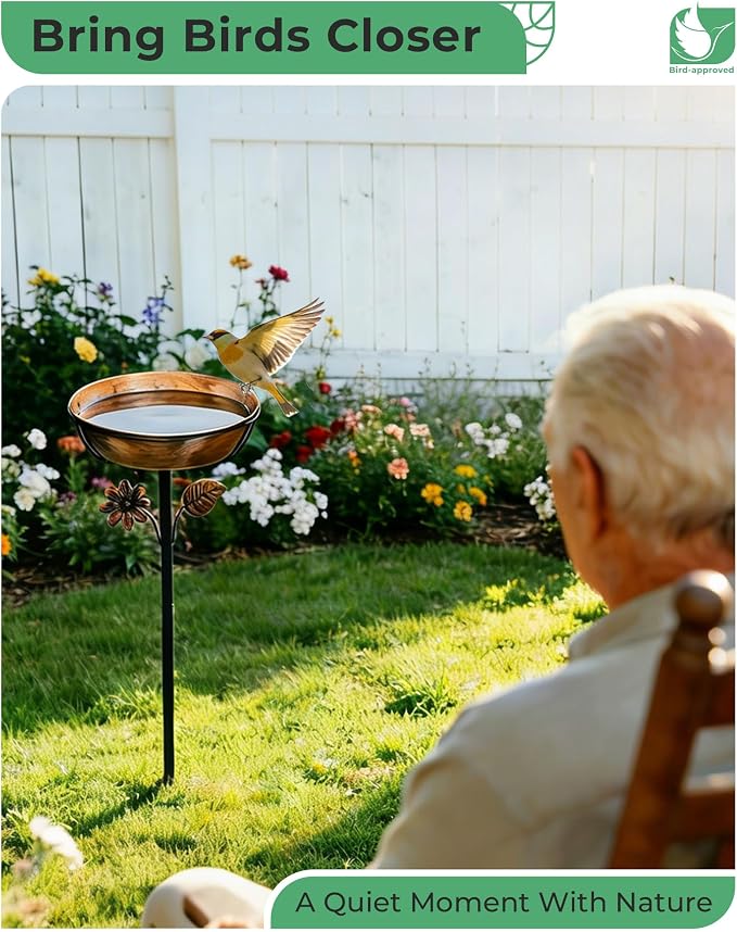 Metal Bird Bath for Outside, 3" Deep 12" Dia Removable Bowl, 36" H Garden Bird Bath | Stable 5-Prong Stake, Rust-Resistant, Easy Clean Outdoor Birdbath for Yard Lawn Patio