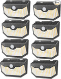 HMCITY 120 LED Outdoor Solar Lights- with Motion Sensor and 3 Lighting Modes, IP65 Waterproof Wide Solar Wall Lights Ideal for Garden Patio Yard (Front Button 8Packs, Black Shell-Warm White)