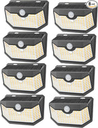 HMCITY 120 LED Outdoor Solar Lights- with Motion Sensor and 3 Lighting Modes, IP65 Waterproof Wide Solar Wall Lights Ideal for Garden Patio Yard (Front Button 8Packs, Black Shell-Warm White)