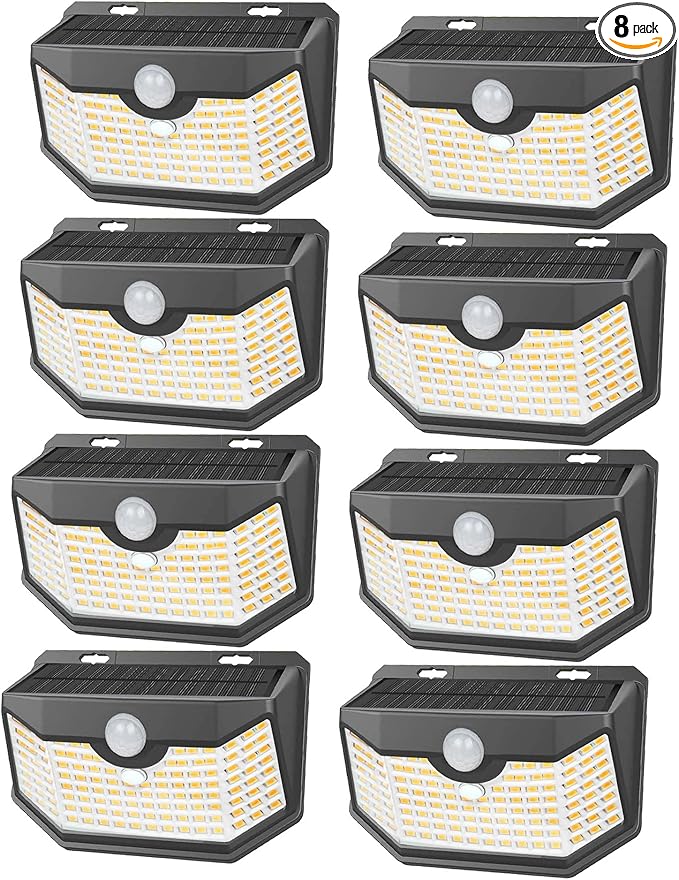 HMCITY 120 LED Outdoor Solar Lights- with Motion Sensor and 3 Lighting Modes, IP65 Waterproof Wide Solar Wall Lights Ideal for Garden Patio Yard (Front Button 8Packs, Black Shell-Warm White)