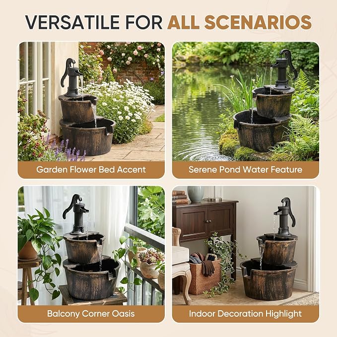 Magshion 27" Tall Outdoor Barrel Pump Water Fountain, 2-Tier Soothing Cascading Waterfall Feature with Electric Recirculating Pump, Garden Decor for Outside Patio, Yard, Porch or Landscape, Bronze