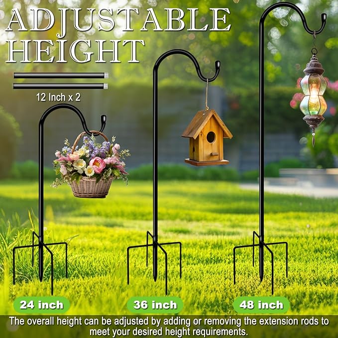 Shepherds Hooks for Outdoor 48 Inch Garden Bird Feeder Pole with 5 Prongs Base Adjustable for Hanging Flower Basket Plant Pot Solar Lantern Light Wind Chime Hanger for Wedding Decor 1 Pack
