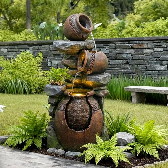 Bumilgar Outdoor Garden Water Fountain for Garden, Patio, Backyard, Deck, Porch and Home Art Decor, 3 Tiers Modern Cascading Outdoor Fountain with Lights 38.4" H