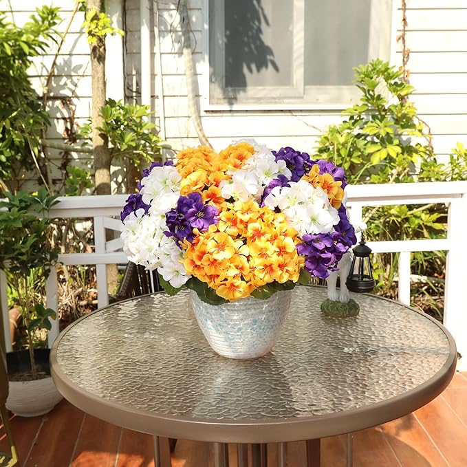 6 Bundles Artificial Geranium Flowers for Outdoors Spring Decor Geraniums Silk Flowers UV Resistant Lifelike Faux Flowers for Outdoor Garden Patio Porch Balcony Home Decor(Purple 2,White 2,Yellow2)