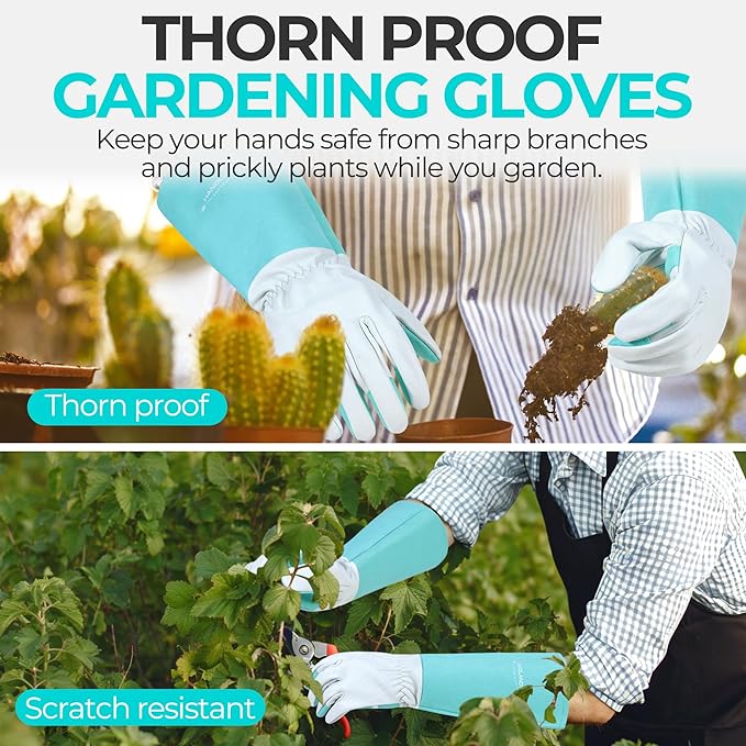 HANDLANDY Long Gardening Gloves for Men & Women, Thorn Proof Rose Pruning Gloves Leather Gauntlets Garden Glove Yard Work Glove (Teal Green, Medium)