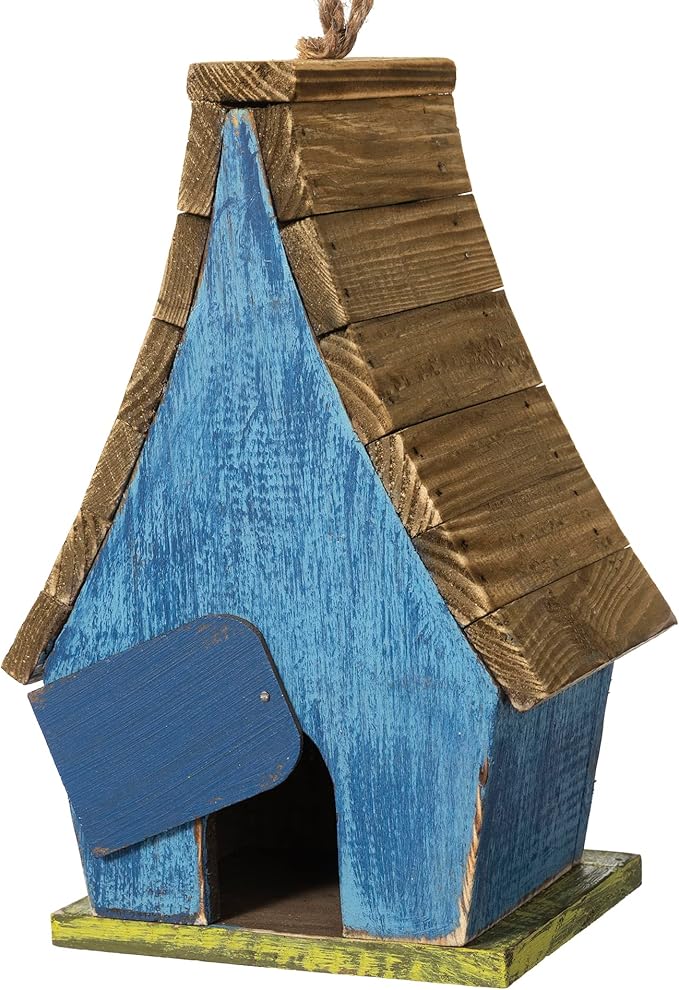 Glitzhome Hanging Bird House for Outdoor, 9.5"H Decorative Pet Cottage Distressed Wooden Bird House with Natural Wood Slatted Roof and 3D Tree for Bluebird Swallow Sparrow Finch Cardinals,Washed Blue